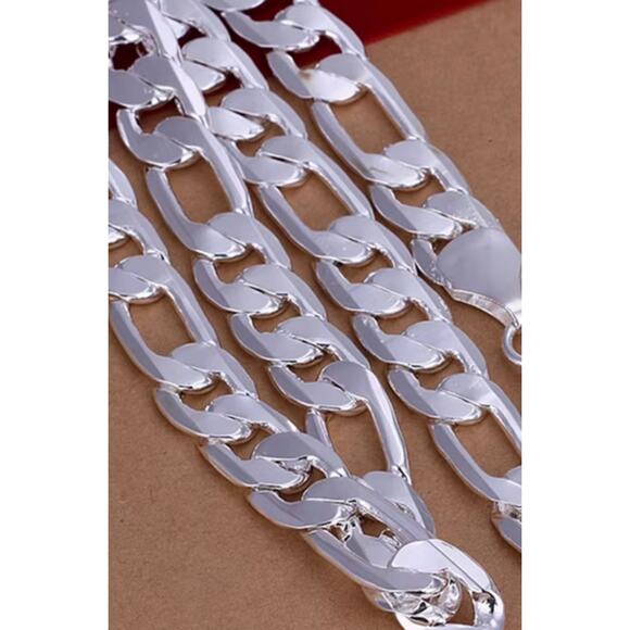 925 Stamped Silver-Color Figaro Chain Set 12MM 22" Necklace & 8" Bracelet - Picture 6 of 9